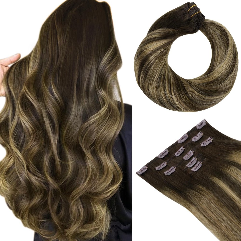 HOTBANANA Clip in Hair Extensions Real Human Hair, 5Pcs 70g 18 Inch Chocolate Brown Mixed Caramel Blonde Balayage Straight Remy Clip in Extensions