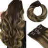 HOTBANANA Clip in Hair Extensions Real Human Hair, 5Pcs 70g 18 Inch Chocolate Brown Mixed Caramel Blonde Balayage Straight Remy Clip in Extensions view 1