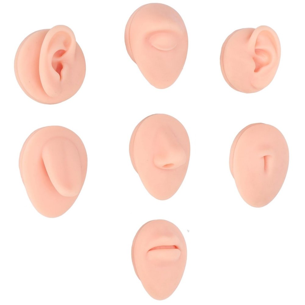 7pcs Soft Silicone Model Body Parts Display Set for Piericng, Body Part Model with Display Holder,Soft Fake Tongue Mouth Nose Eye Navel Ear 3D Model Training Tool Kit for Piercer (7PCS)
