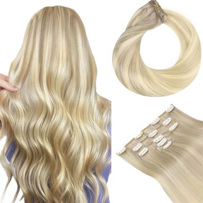 HOTBANANA Clip in Hair Extensions Real Human Hair, 5Pcs 70g 16 Inch Ash Blonde to Golden and Platinum Blonde Straight Remy Clip in Extensions