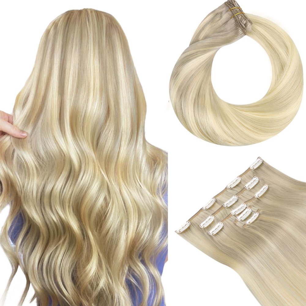 HOTBANANA Clip in Hair Extensions Real Human Hair, 5Pcs 70g 16 Inch Ash Blonde to Golden and Platinum Blonde Straight Remy Clip in Extensions