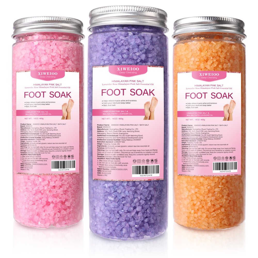 XIWEIOO 3 Pack Foot Soak Salts Kit Epsom Salt - Himalayan Pink Salt - Dead Sea Salt - Foot spa Care Best for Good Sleep Essential Oils Tea Tree Oi Lavender Rose Christmas Gifts for Women