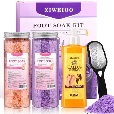 XIWEIOO Himalayan Pink FOOT SOAK SALT Kit Tea Tree Oil - Moisturize, Foot Odor cream spa bath massager Epsom Salt foot pedicure at home spa Callus Remover Gel Kit Foot file tools