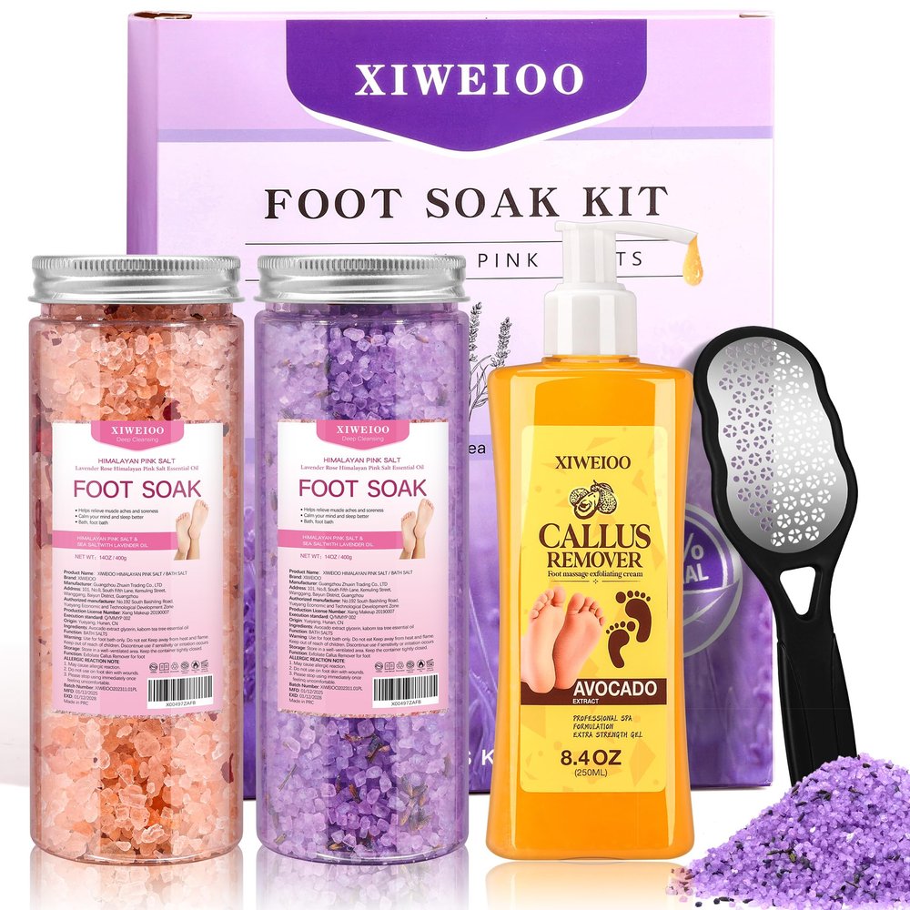 XIWEIOO Himalayan Pink FOOT SOAK SALT Kit Tea Tree Oil - Moisturize, Foot Odor cream spa bath massager Epsom Salt foot pedicure at home spa Callus Remover Gel Kit Foot file tools