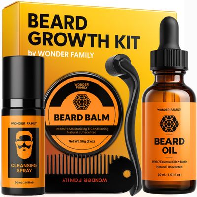 Beard Growth Kit for Men  with Beard Oil, Derma Roller for Hair Growth, Biotin Balm & Comb  Mustache Shaper & Straightener  Mens Care Grooming Kits, Beard Softener, Just for Men Gift Set