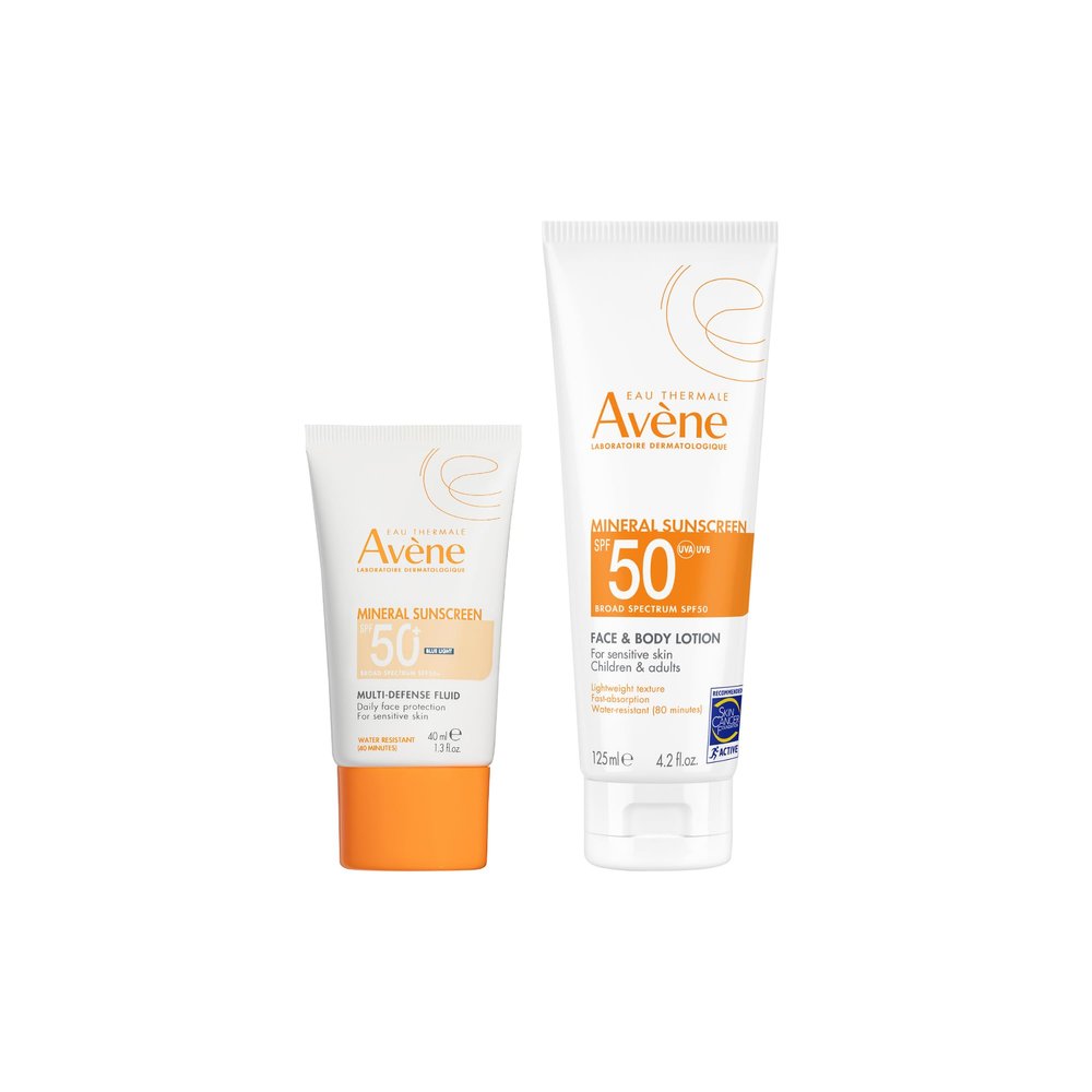 Avne Mineral Sunscreen Multi-Defense Fluid Tinted SPF 50+,for Sensitive Skin, Sheer, Water Resistant 1.7 Fl Oz + Mineral Sunscreen Broad Spectrum SPF 50 Face and Body Lotion 4.23 Fl Oz
