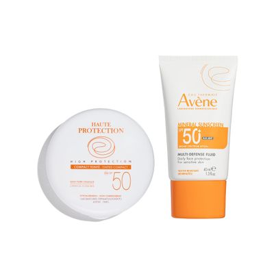 Avne High Protection Beige Tinted Compact, & Mineral Multi-Defense Sunscreen Broad Spectrum SPF 50+, UVA/UVB Blue Light Protection, Water Resistant, Non-Greasy
