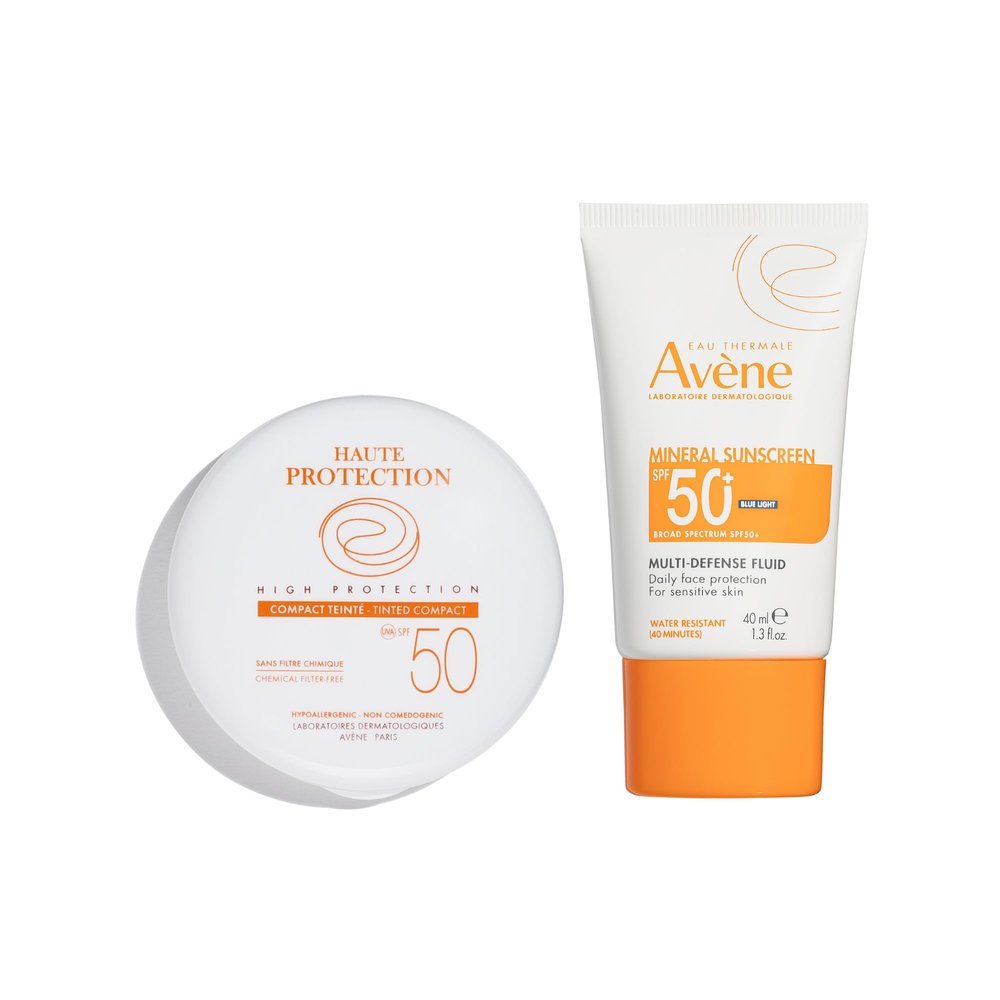 Avne High Protection Beige Tinted Compact, & Mineral Multi-Defense Sunscreen Broad Spectrum SPF 50+, UVA/UVB Blue Light Protection, Water Resistant, Non-Greasy