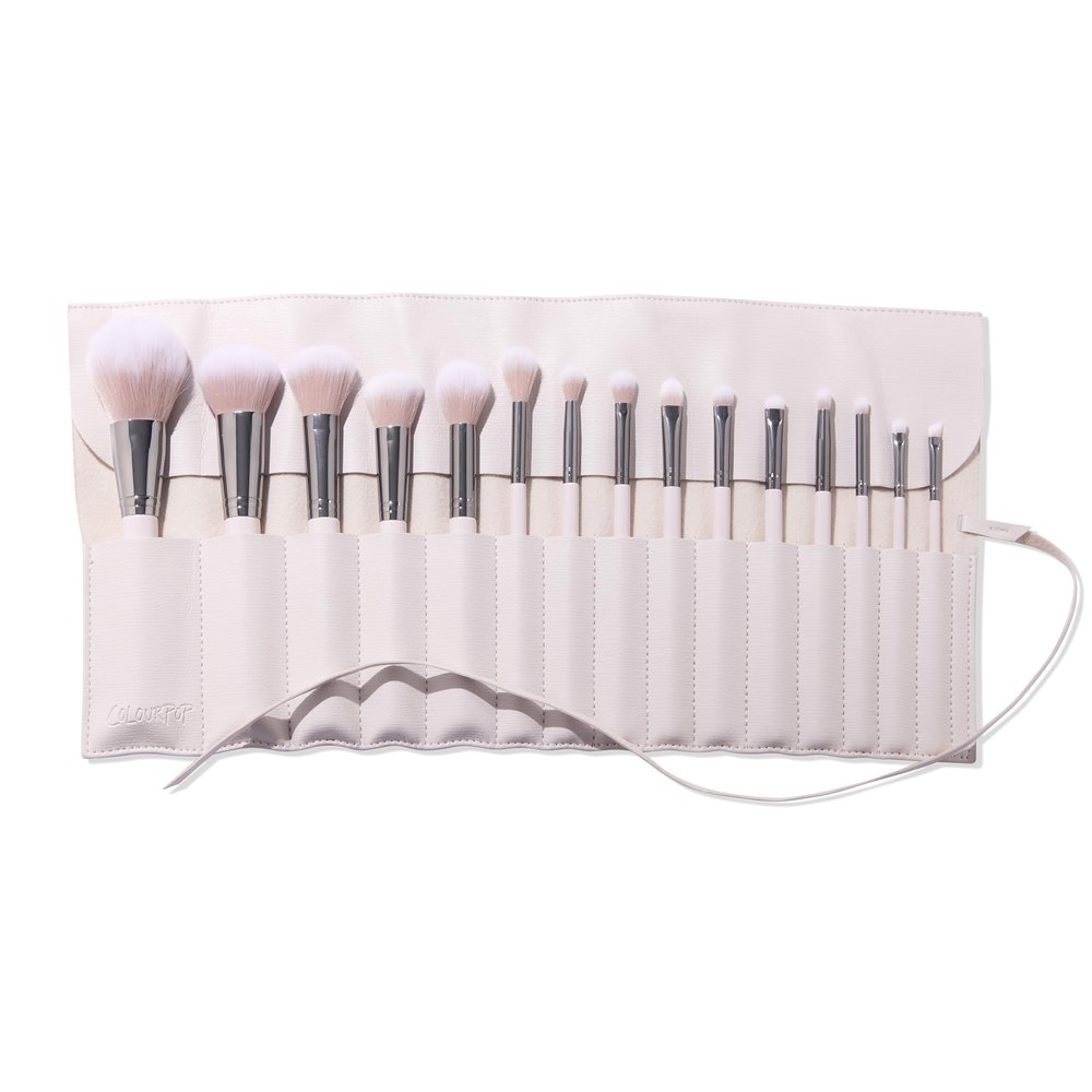 ColourPop Stone Cold Brush Roll Face & Eye Brush Set - Face & Eye Makeup Brush Set - Made with Luxe Synthetic Vegan Bristles - Includes Holder (15 Count)