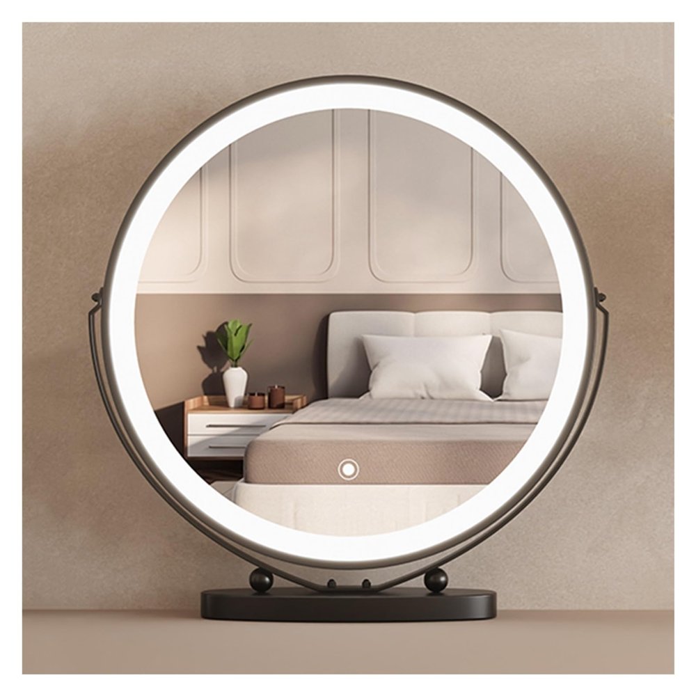 NOIRDA Round LED Cosmetic Makeup Mirror with Stand, 360Rotation Lighted Desktop Vanity Mirror, Smart Touch Control, for Makeup Desk Bedroom(Black,50cm/19.7in)