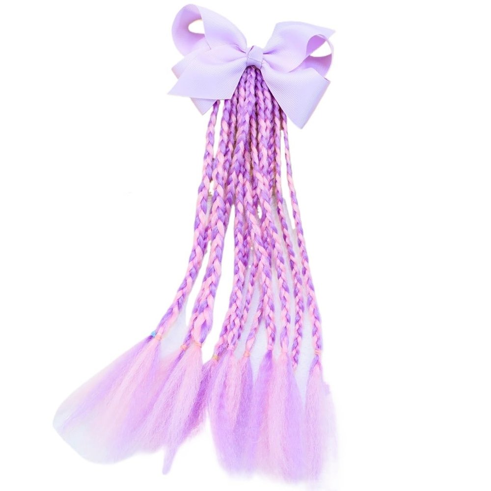 1PCS Colorful Girls Hair Bows - 4'' Braided Twist Tie Wigs for Kids Princess Hair Accessories with Rubber Bands(Purple)