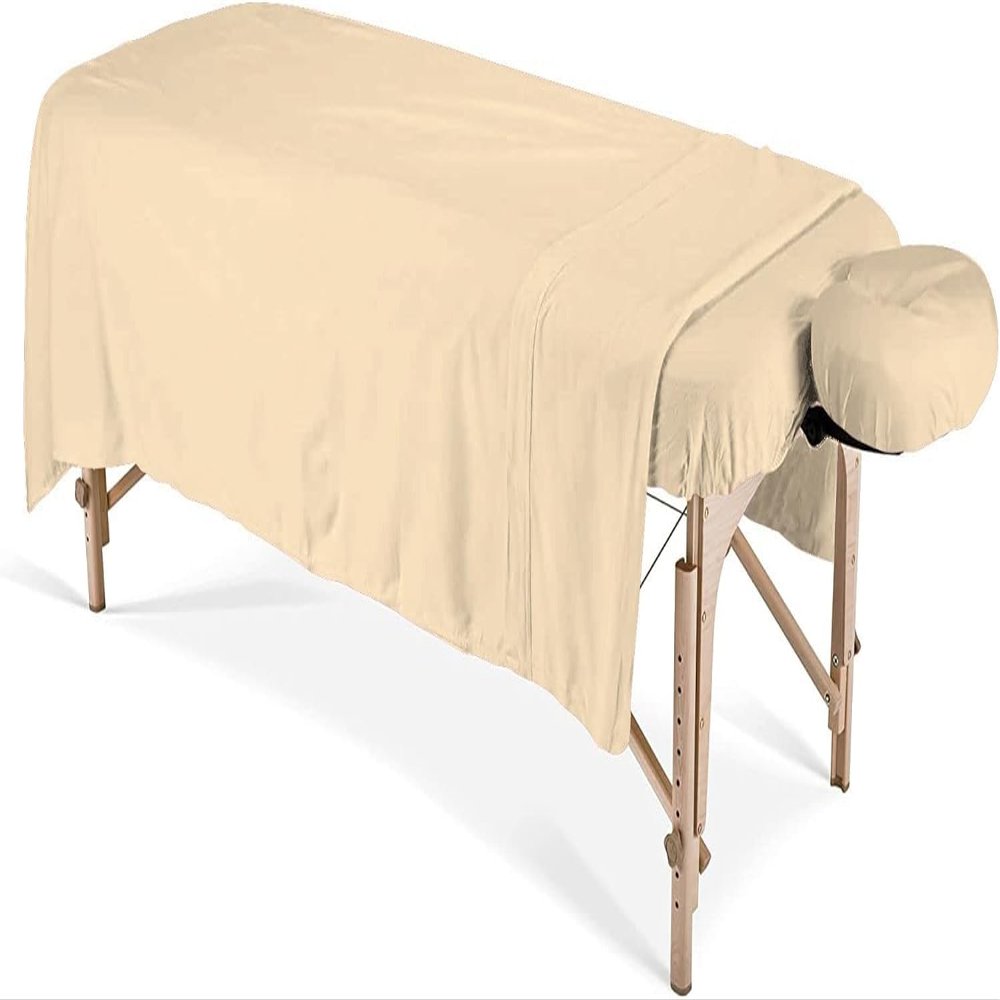 Spa Bed Sheets for Massage Tables Sheet Set Facial Bed Covers- 3 PCs Includes- Flat (63" x 100") Fitted (36" x 77"+ 7") with Massage Face Rest Cover (13" x 13"+ 5")- 100% Natural Cotton-(Beige)