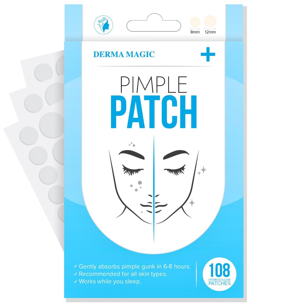 Derma Magic Pimple Patches for Face - Hydrocolloid Patches, Fast Healing, Ultra Thin Absorbing Cover, Skin Care, Spot Patches, Pimple Stickers, 2 Sizes (108 Count)