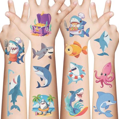 10 Sheets Shark Temporary Tattoos Stickers Birthday Themed Party Supplies Decoration Favors Cartoon Cute Animal Sticker