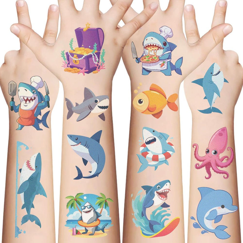 10 Sheets Shark Temporary Tattoos Stickers Birthday Themed Party Supplies Decoration Favors Cartoon Cute Animal Sticker