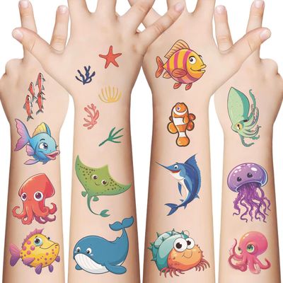 10 Sheets Ocean Animal Temporary Tattoos Birthday Themed Party Supplies Decoration Favors Cartoon Cute Animal Sticker, Home Activity Prizes Carnival Christmas Rewards
