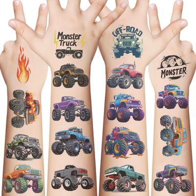10 Sheets Monster truck Temporary Tattoos Birthday Themed Party Supplies Decoration Favors Cartoon Cute Sticker for Kids Boys Home Activity Class Prizes Carnival Christmas Rewards