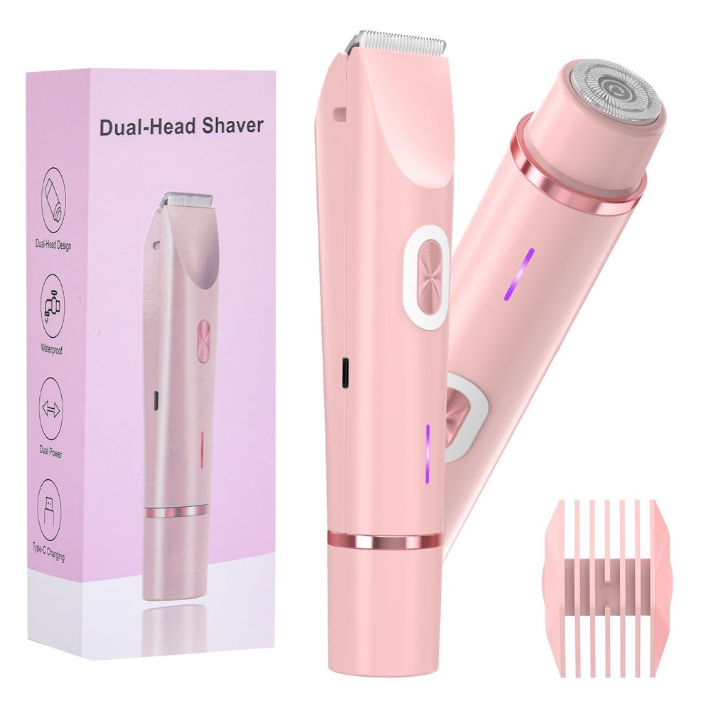 Bikini Trimmer for Women - HAPARK Dual-Head Electric Shaver,Cordless Body Shaver for Trip,Replaceable Lady Facial Razor,IPX7 Waterproof(Pink)