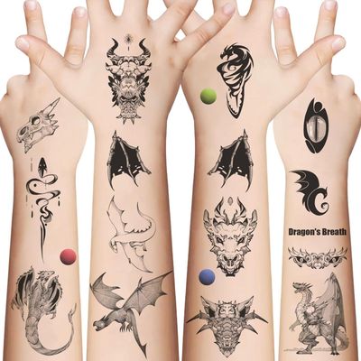 10 Sheets Dragon Temporary Tattoo (70+PCS) Black Themed Party Supplies Decoration Favors Cartoon Cute Sticker for Youth Activity Class Prizes Carnival Christmas Rewards