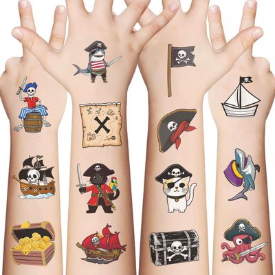 10 Sheets Pirate Temporary Tattoo(70+PCS) Fake Neverland Pirated Cannon Powder Jake Captain Tattoo Body Sticker for Birthday Party Favors Supplies Party Bag Filler