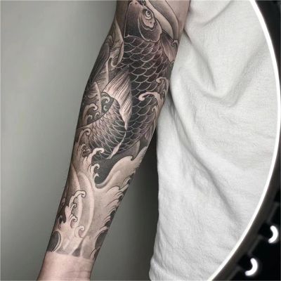 2pcs Koi Flower Arm Juice Tattoo Stickers for Men and Women, Semi-Permanent Tattoos, Realistic Fake Tattoos, Lasts 7-15 Days Waterproof Non-Reflective Non-Toxic Temporary Tattoos