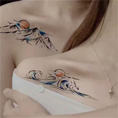 2pcs Clavicle Mountain and Sea Juice Tattoo Stickers for Men and Women, Semi-Permanent Tattoos, Realistic Fake Tattoos, Lasts 7-15 Days Waterproof Non-Reflective Non-Toxic Temporary Tattoos