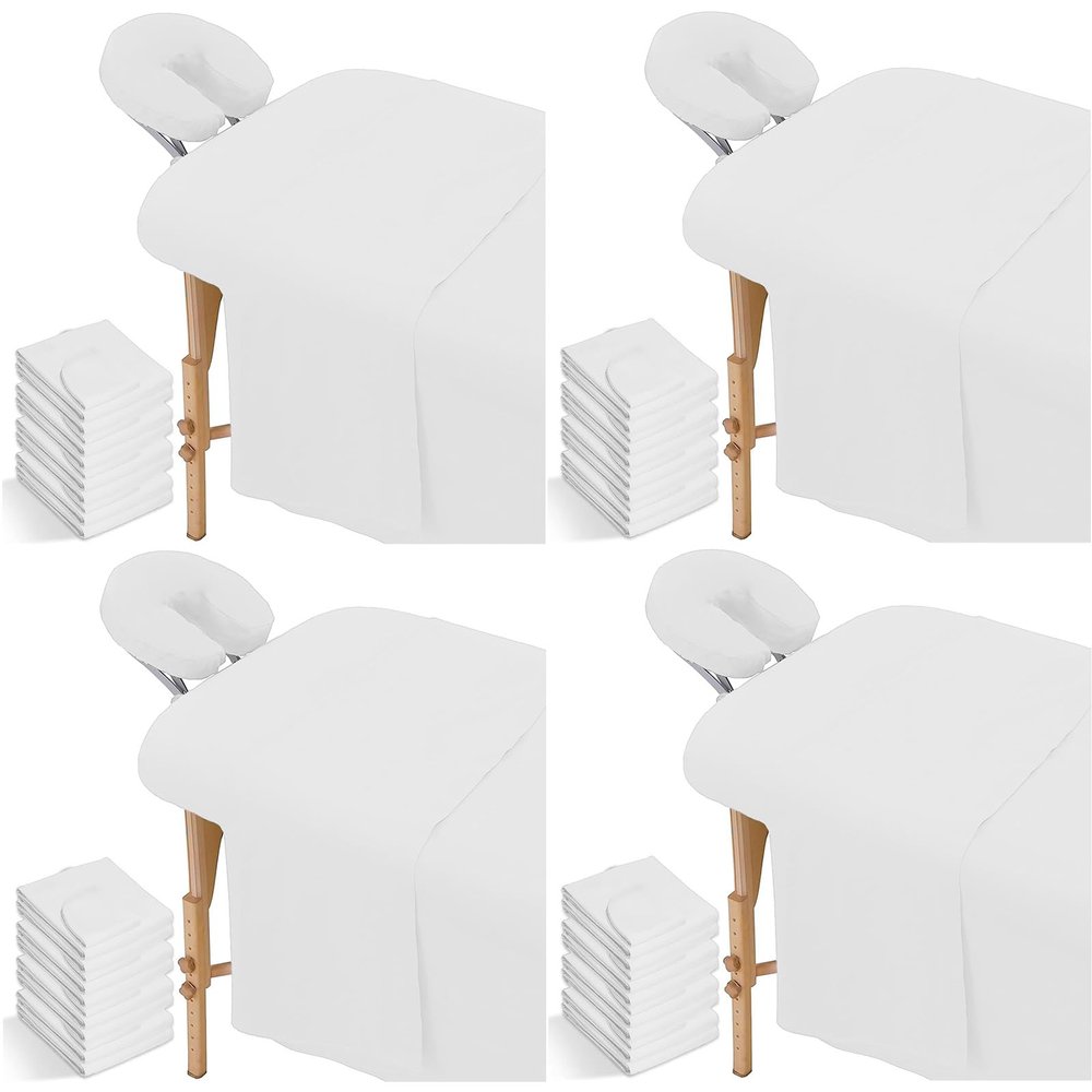 12 Pcs/4 Sets Massage Sheet Set, Premium Facial Bed Cover Includes Flat and Fitted Sheets with Face Cradle Cover Wrinkle-Resistant, for Massage Tables, Includes Pad and Face Rest Covers (White)