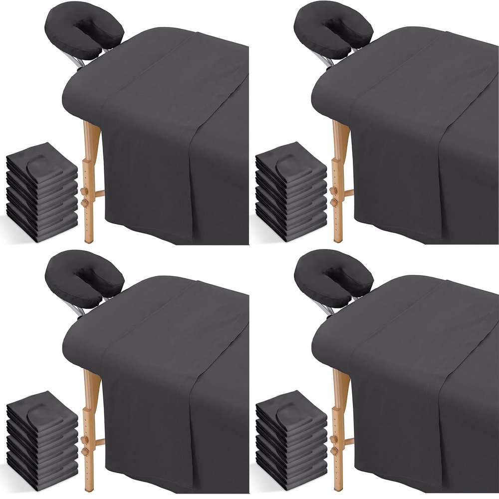12 Pcs/4 Sets Massage Sheet Set, Premium Facial Bed Cover Includes Flat and Fitted Sheets with Face Cradle Cover Wrinkle-Resistant, for Massage Tables, Includes Pad and Face Rest Covers (Black)
