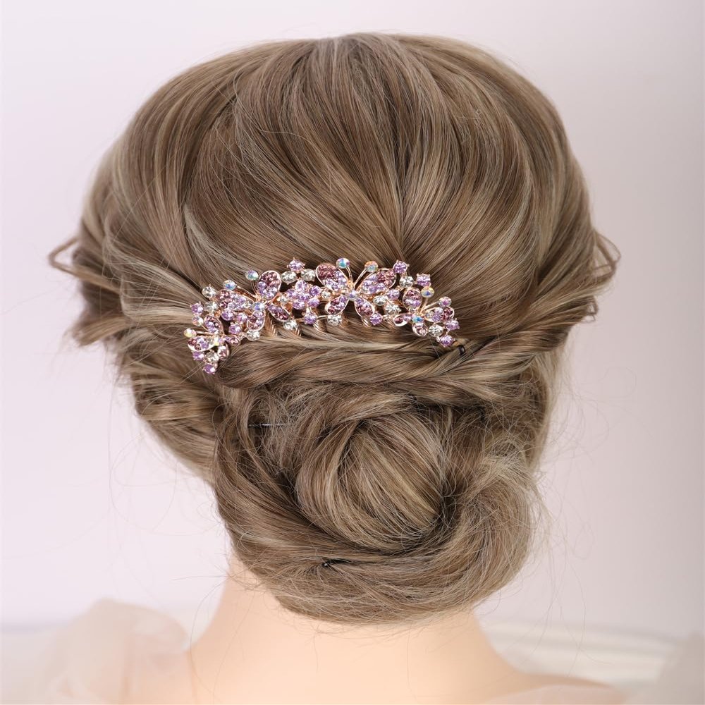Aimimier Dainty Crystal Hair Comb Sparkly Butterflies Rhinestone Inlaid Hair Side Combs Vingtage Hair Clip Boho Wedding Hair Accessories for Women (Purple)