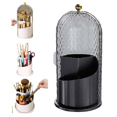 360 Rotating Makeup Brush Holder with Cover, Multifunction Toothbrush Holder Clear Dustproof, Rotating 3 Slots, Concealed Tooth Brush Holder with Sliding Lid, Cosmetic Display Cases (Black)