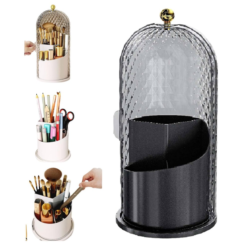 360 Rotating Makeup Brush Holder with Cover, Multifunction Toothbrush Holder Clear Dustproof, Rotating 3 Slots, Concealed Tooth Brush Holder with Sliding Lid, Cosmetic Display Cases (Black)
