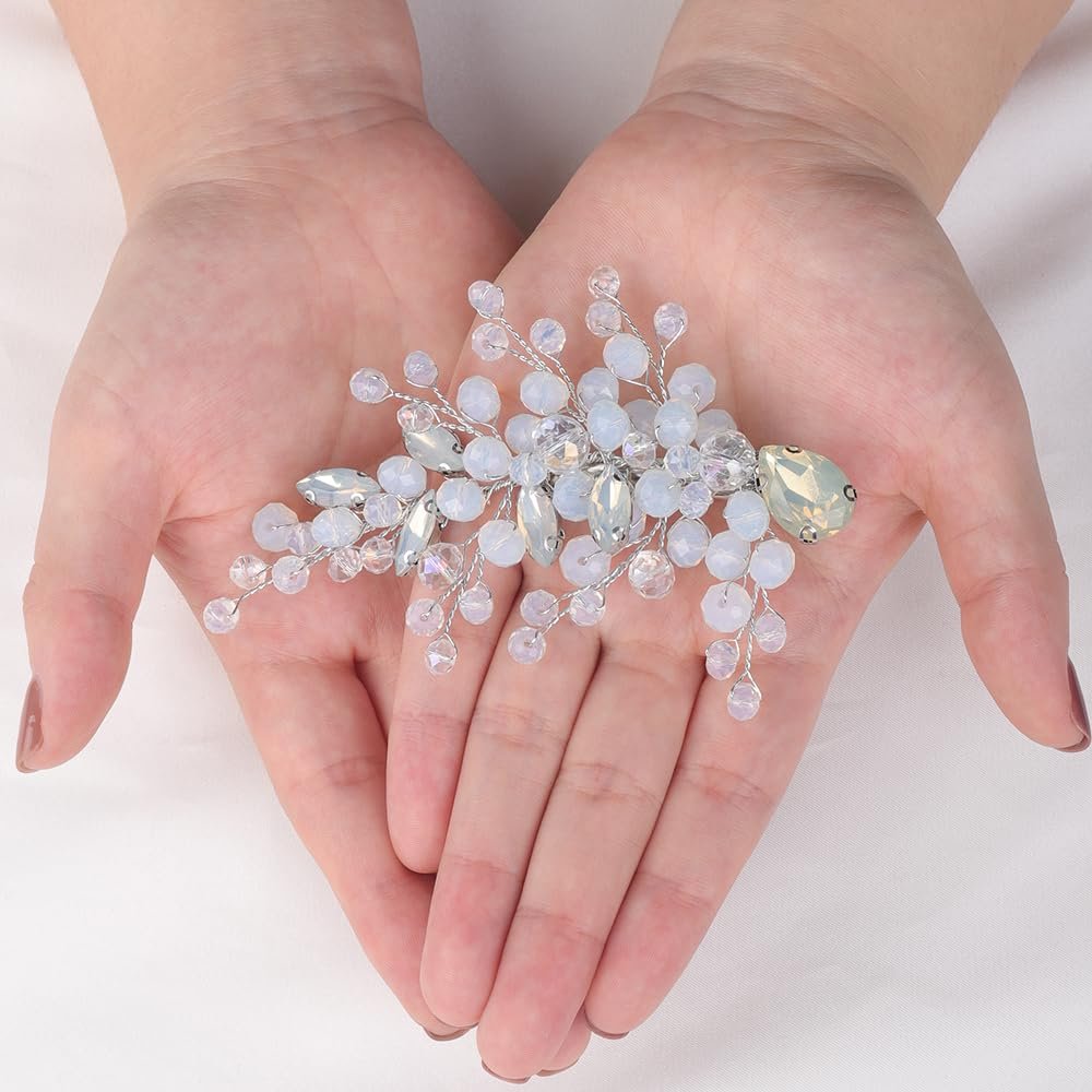 Teyglen Opal Crystal Wedding Barrette Bridal Rhinestone Hair Clips for Women Side Headpiece Decorative Hair Accessories Jewelry for Festival Party Prom Head Piece (Opal)