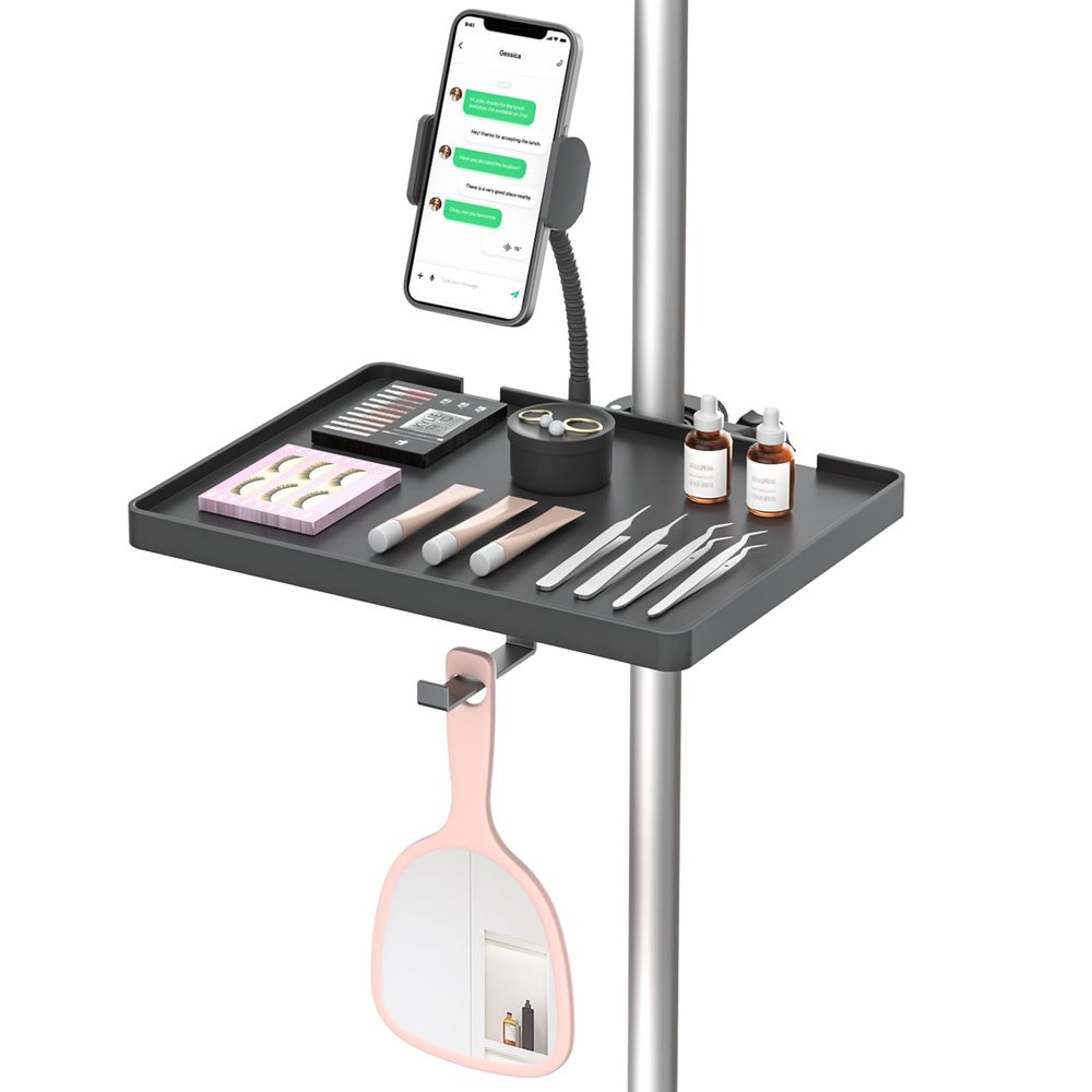 Adjustable Lash Tray Holder for Ring Light Tray Clip-On Organizer Stand with Phone Holder & Mirror Hook to Put Eyelash Extension Supplies, Perfect for Lash Techs & Salon or Home Use