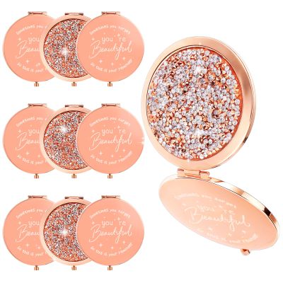 10Pcs Small Compact Mirror, 1x/2x Magnifying Double Sided Pocket Mirror 2.75 Inch Metal Rhinestone Compact Mirrors Bulk, Inspirational Appreciation Gifts for Valentines Day Women Girls Nurse Friends