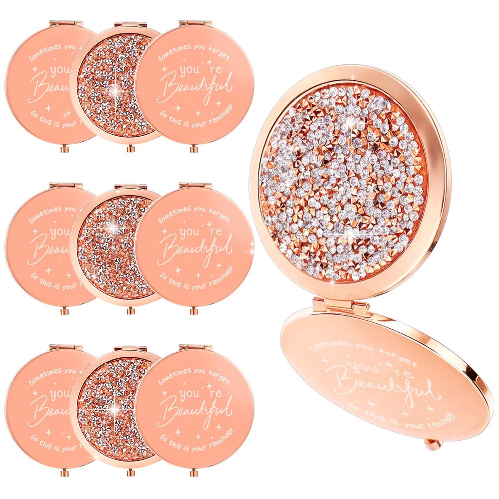 10Pcs Small Compact Mirror, 1x/2x Magnifying Double Sided Pocket Mirror 2.75 Inch Metal Rhinestone Compact Mirrors Bulk, Inspirational Appreciation Gifts for Valentines Day Women Girls Nurse Friends
