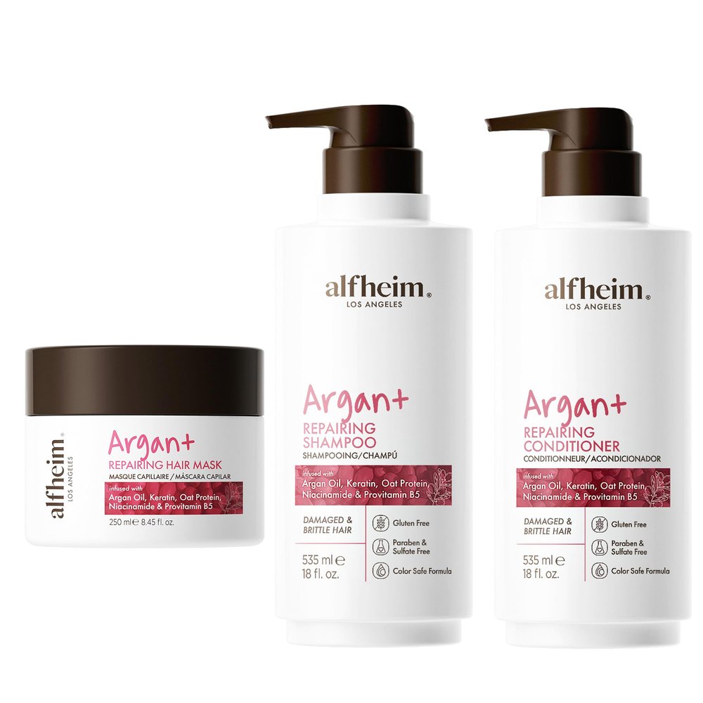 ALFHEIM Argan Repairing 3-piece set of shampoo, conditioner and hair mask Deeply Repairs Damaged Hair Intense Hydration & Frizz Control Sulfate & Paraben-Free for Daily Care & Post-Color Treatment