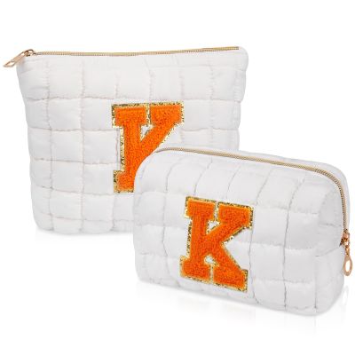 2PCS Initial Checkered Makeup Bag, Large Quilted Cosmetic Bag, Cute Make up Pouch for Purse, Travel Toiletry Storage Bag for Women Preppy Teen Girls Gift Trendy Stuff Gift (White K)