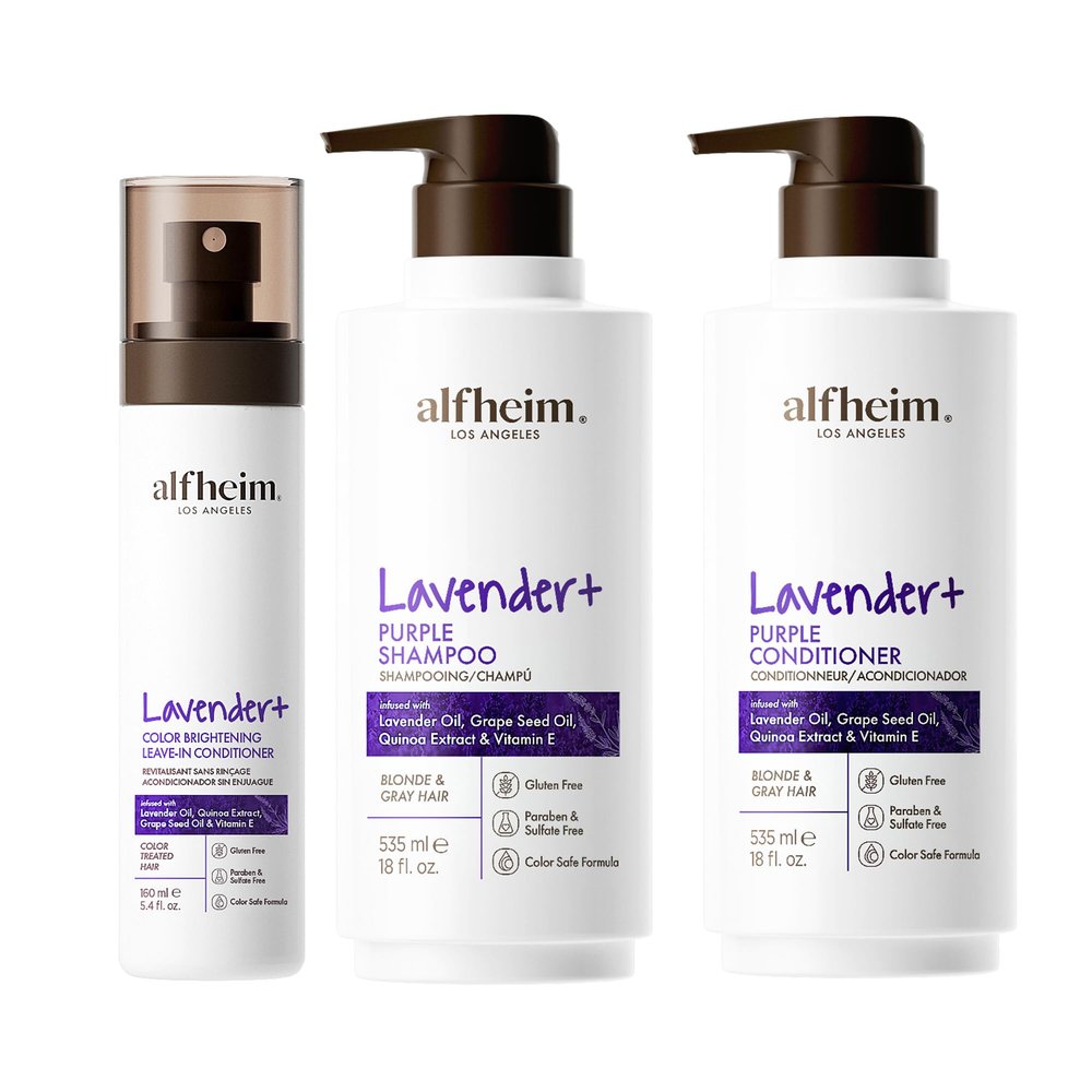 Alfheim Lavender+ Hair Care Set | Purple Shampoo + Conditioner + Leave-In Spray for Blonde, Silver & Highlighted Hair | Brass Neutralizing, Moisturizing & Frizz Control |Sulfate-Free, Holiday Gift Set