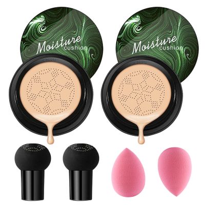 2P Mushroom Head Air Cushion CC Cream Foundation,Moisturizing Non-Greasy BB Cream and Makeup Sponge,Longlasting Matte Concealer Full Coverage Face Makeup Liquid Foundation for All Skin Types(Natural)A