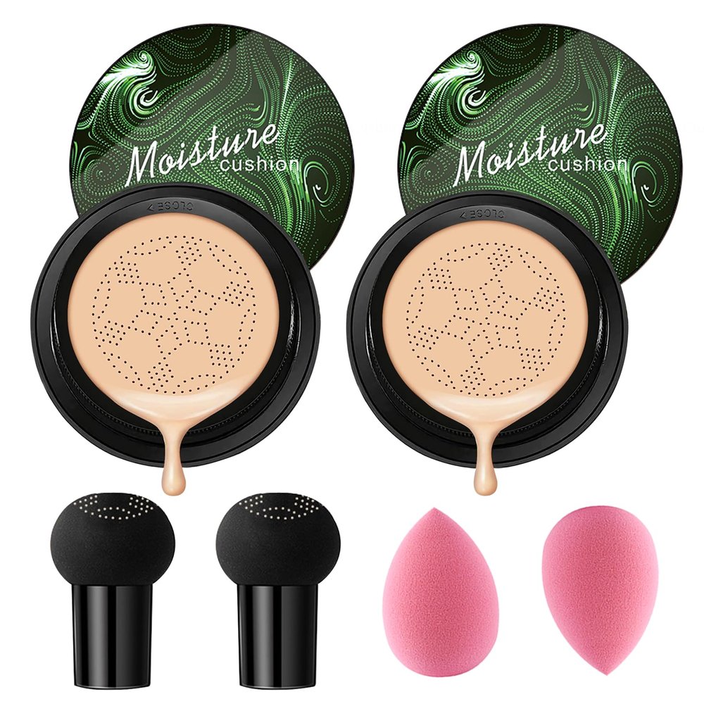 2P Mushroom Head Air Cushion CC Cream Foundation,Moisturizing Non-Greasy BB Cream and Makeup Sponge,Longlasting Matte Concealer Full Coverage Face Makeup Liquid Foundation for All Skin Types(Natural)A