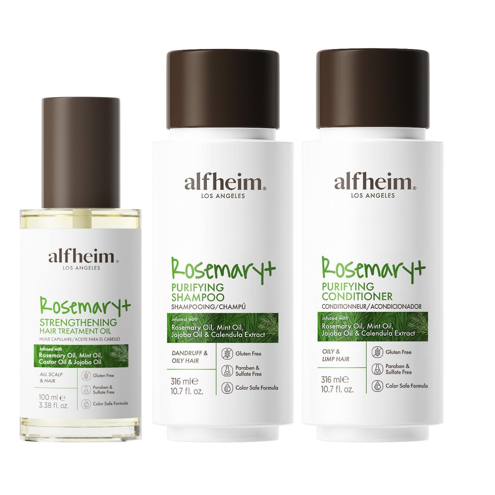 ALFHEIM Rosemary Shampoo, Conditioner and Oil 3-Piece Set Deep Cleansing Scalp Care Strengthens Roots & Prevents Flatness Sulfate & Paraben-Free for Oily Scalp