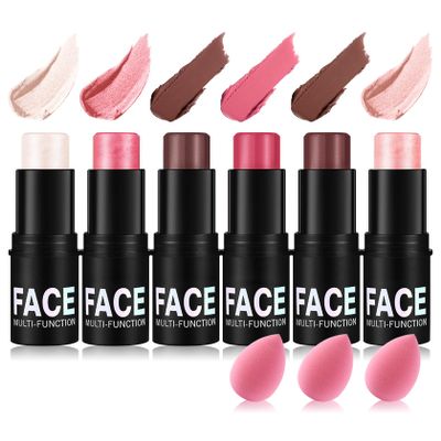 6PCS Cream Contour Stick Kit,Matte Waterproof Blush Highlighter Bronzer Contour Stick with Makeup Sponge,Non-greasy Creamy Travel Size Contouring Stick Makeup Set for Face,Suitable for All Skin Types