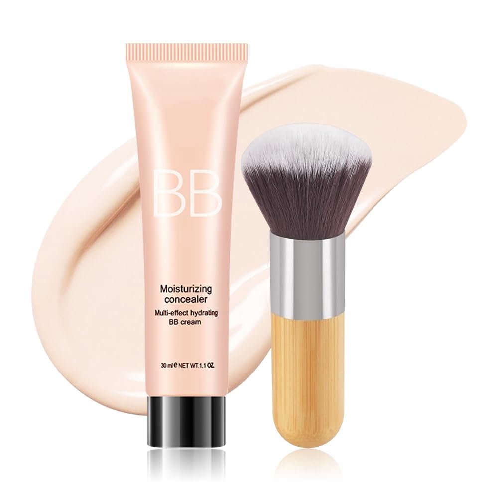 BB Cream Skin Tinted Foundation Makeup,Concealer Full Coverage Lightweight Matte Foundation with Brush,Evens Skin Tone,Oil Control Cover Flaws,Natural Finish for All Skin Types,Vegan - Ivory White