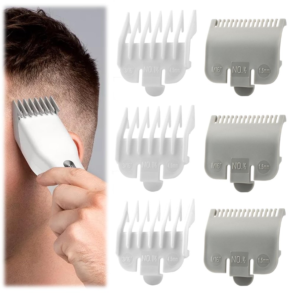 6 Pcs 1/2 Guard Compatible with Wahl Clipper Guards Set Hair Clipper Trimmer Guards #1/2-1/16" (1.5 mm) #1-1/2-3/16" (4.5 mm) Compatible with Wahl #3354-100 Fits Most Size Clippers Guide Combs (Grey)