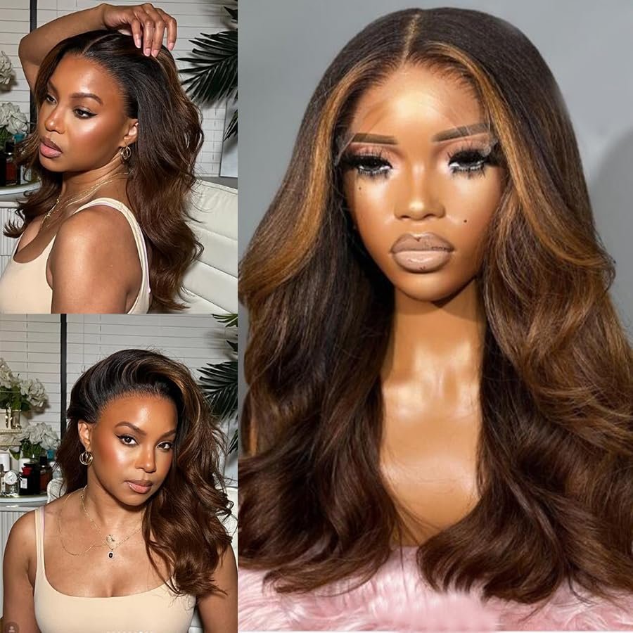 Layered Wavy Yaki Human Hair Honey Brown with Caramel Highlights 13X6 Lace Front Wigs Shoulder Length Ombre Brown Blonde Balayage Wig Kinky Straight 180Density 16inch