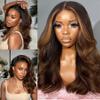 Layered Wavy Yaki Human Hair Honey Brown with Caramel Highlights 13X6 Lace Front Wigs Shoulder Length Ombre Brown Blonde Balayage Wig Kinky Straight 180Density 16inch view 1