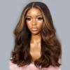 Layered Wavy Yaki Human Hair Honey Brown with Caramel Highlights 13X6 Lace Front Wigs Shoulder Length Ombre Brown Blonde Balayage Wig Kinky Straight 180Density 16inch view 3
