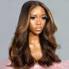 Layered Wavy Yaki Human Hair Honey Brown with Caramel Highlights 13X6 Lace Front Wigs Shoulder Length Ombre Brown Blonde Balayage Wig Kinky Straight 180Density 16inch view 4