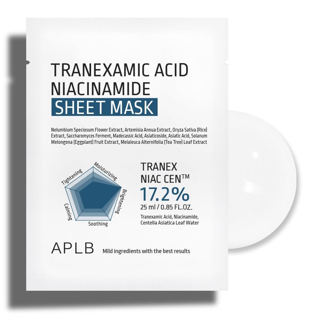 APLB Tranexamic Acid Niacinamide Sheet Mask 10pcs | TRANEX NIAC CEN 17.2% 0.85 FL.OZ/Korean Skincare, Long lasting hydration, Blemish Care, Helps with skin discoloration