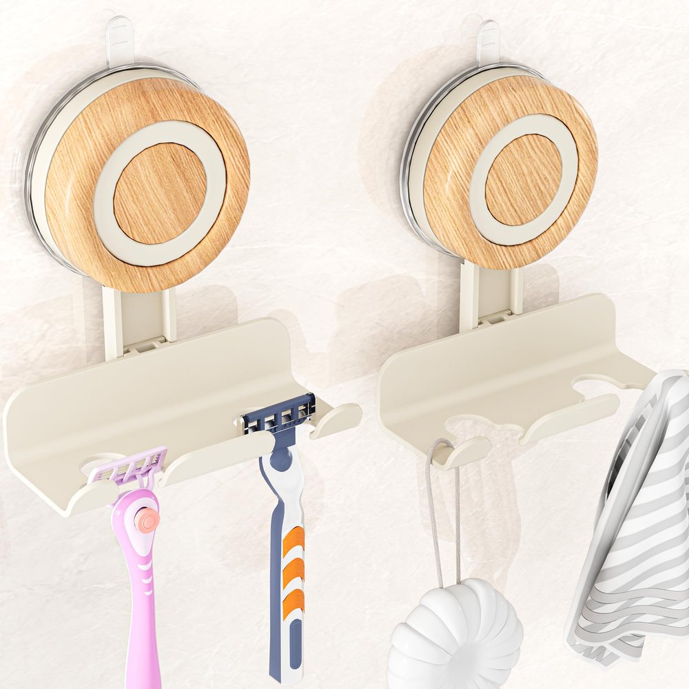 Cinola Razor Holder for Shower 2 Pack, Suction Cup Shaver Holder for Wall, Removable&Reusable Suction Cup Hooks for Bathroom, Damage-Free Suction Shower Hooks, Wall Mounted Razor Stand, Beige
